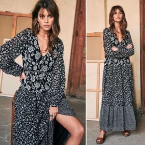 NEW Sézane Dress Noreen Floral Tiered Cottagecore Maxi Dress Black White 34